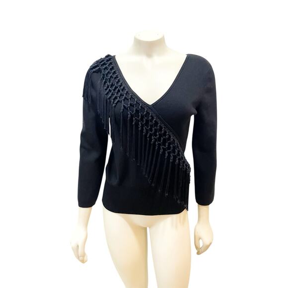 Cache Asymmetrical Fringe Tassel Silk Top Black Quarter Sleeve Large - Picture 3 of 5